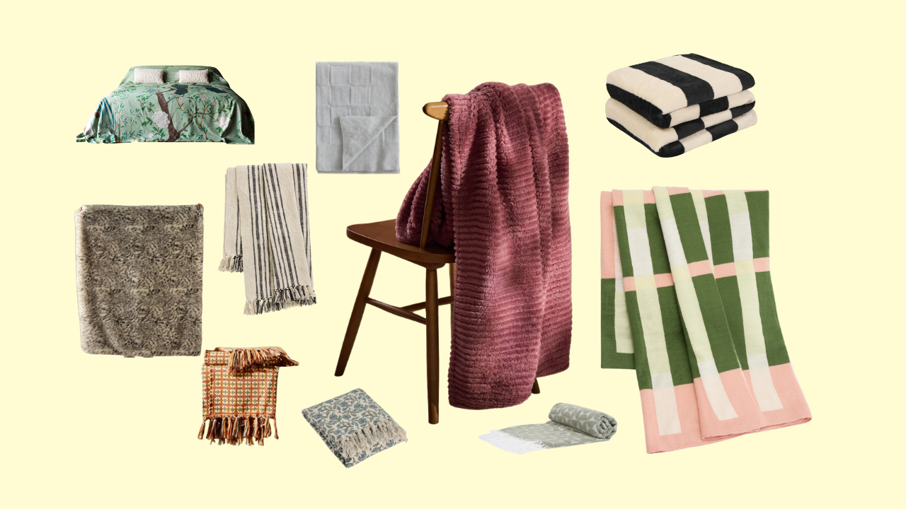 collection of throw blankets on a yellow background