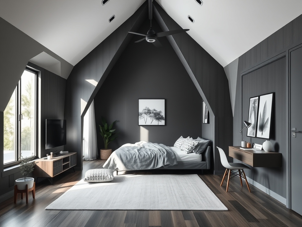 grey A-frame studio apartment