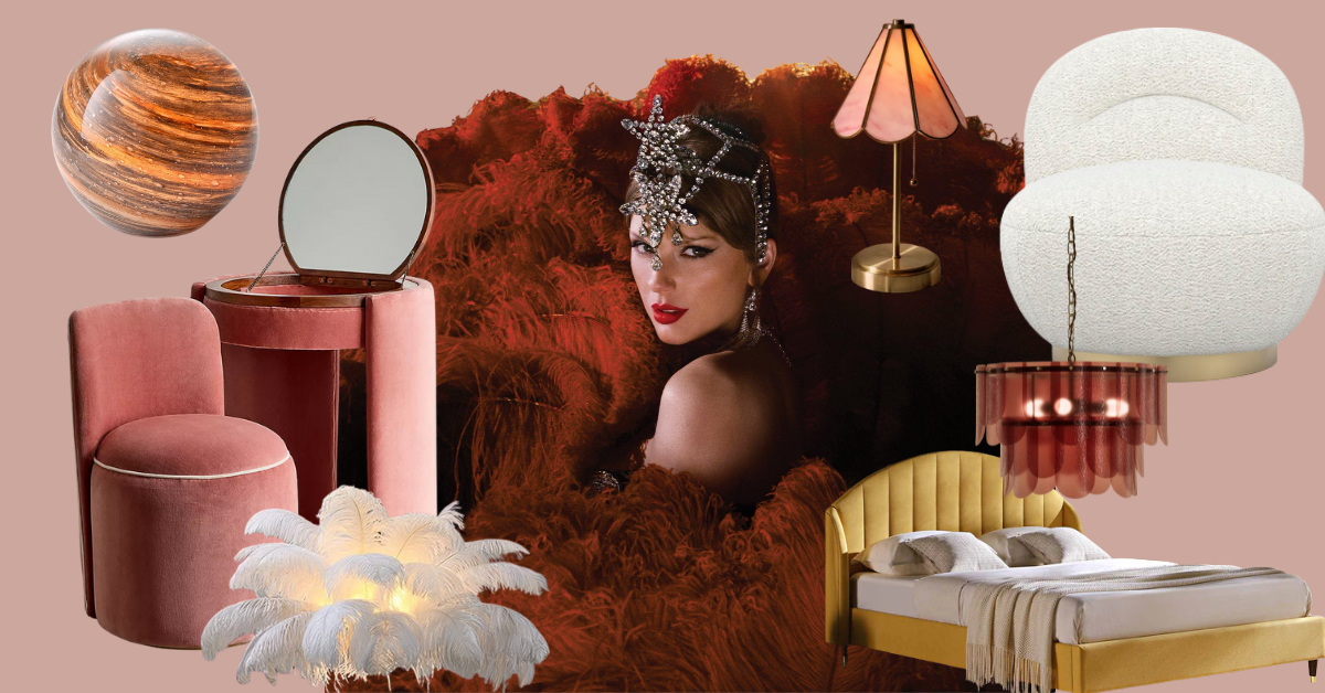 Taylor Swift in rust red feathers surrounded by furniture