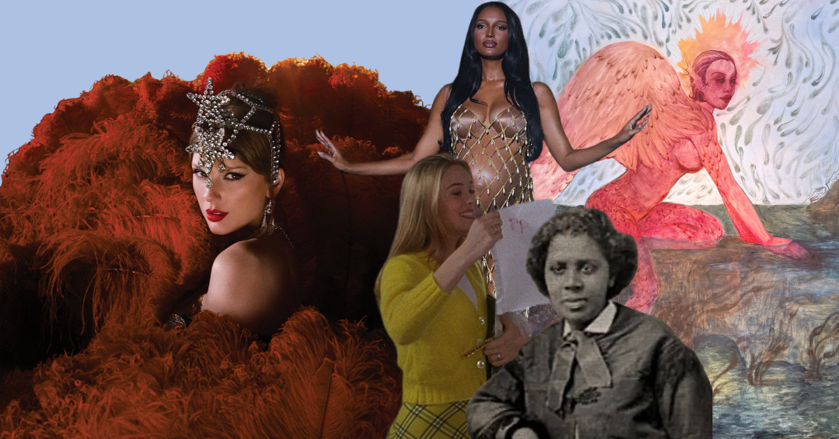 Taylor Swift, Jasmine Tookes, Cher Horowitz, Sarah E. Goode and a siren on a background